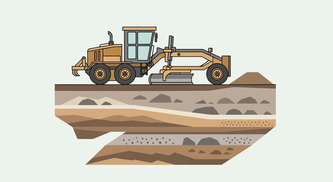 Construction Grader Operating On Stratified Ground Layered Soil Profile