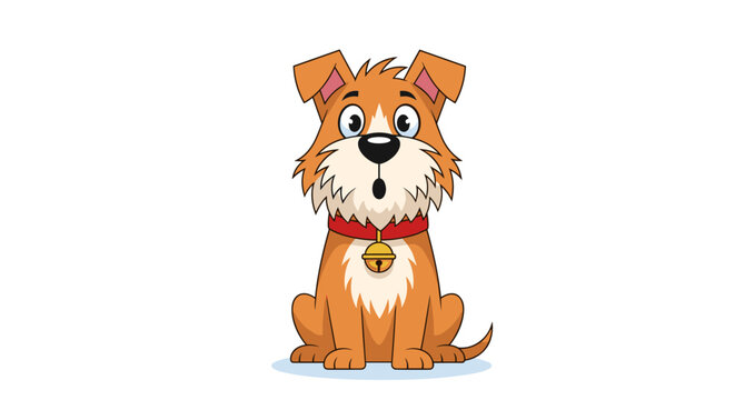 Cute cartoon brown dog with a red collar and golden bell sitting with a surprised expression on its face for kids.