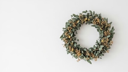 Green eucalyptus wreath with golden berries and fairy lights on white background
