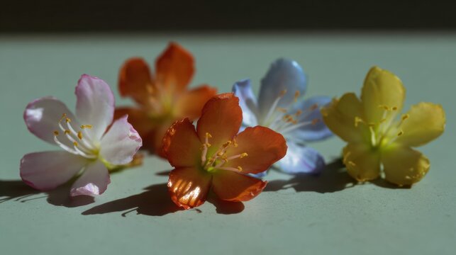Colorful botanical ochna integerrima flowers arranged on a clean wooden surface for lunar new year decoration and festive branding with copy space for minimal text