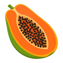 Half a papaya fruit with black seeds and orange flesh, on a white background