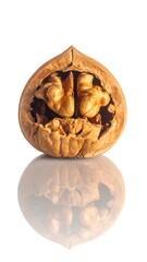 Halved walnut, revealing kernel inside the shell, with reflection on a white background