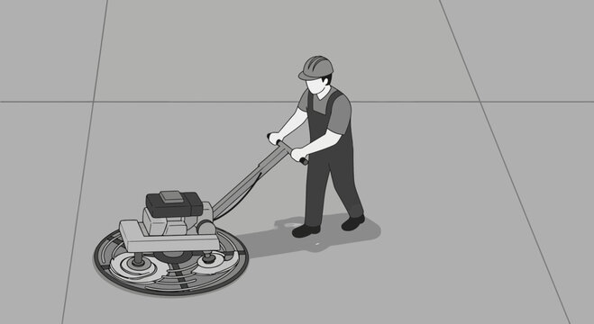 Construction Worker Operates Power Trowel Machine for Concrete Finishing
