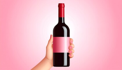 Hand holding a bottle with a red top and pink label, set on a pink gradient background