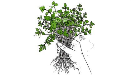Hand holding a bunch of leafy green herbs, roots visible, simple illustration