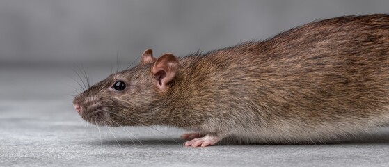 Brown pet rat crawling on grey studio surface side view for veterinary medicine marketing and domestic animal healthcare content with copy space for text
