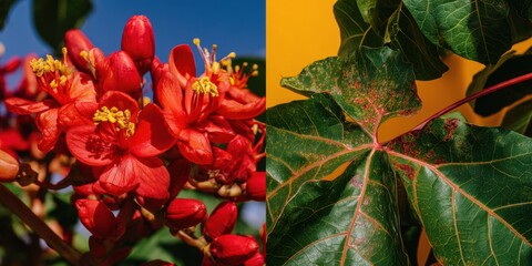 Obraz premium Red Tropical Jatropha Flowers and Vibrant Green Lobed Leaves Close Up for Botanical Education and Nature Research in a Lush Garden Setting with Natural Daylight