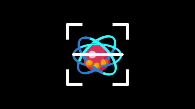 A blue orbital atom with a red core represents advanced scientific discovery or energy being scanned by the digital brackets to indicate complex research in the field of modern chemistry