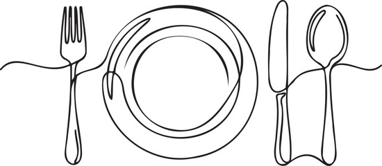 Continuous line art vector of plate, fork, knife, and spoon cutlery set, black outline isolated on white