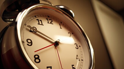 A close-up of a vintage alarm clock with a white face and black numerals, set against a blurred background.