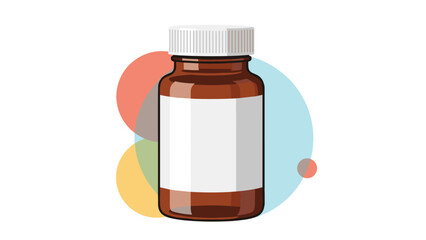 Obraz premium Brown amber glass medicine bottle with a white screw cap and a blank label shown against colorful circular shapes.