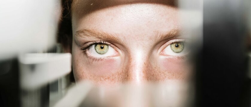 Close up of patient eyes during glaucoma applanation tonometry test in a professional ophthalmology clinic for diagnostic healthcare and medical eye examination use