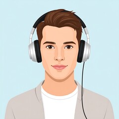 Illustrated man wearing headphones, with dark hair against a light blue background, wearing a light gray jacket