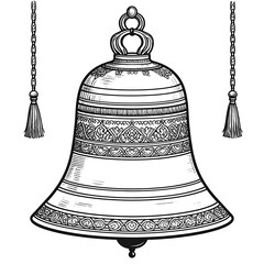 Intricate, line-art illustration of a bell with tassels hanging from chains, isolated on a white background