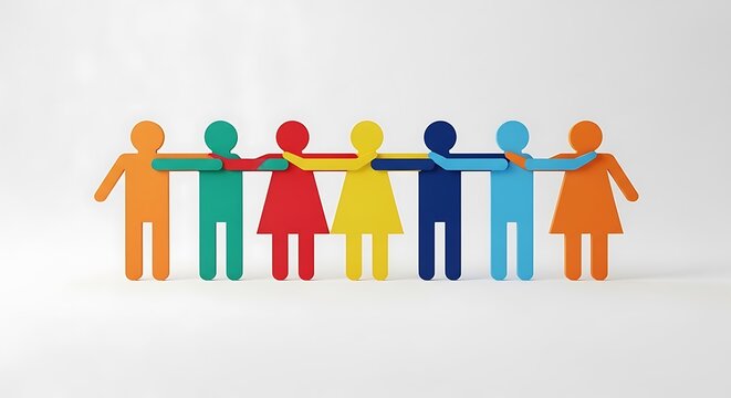 A diverse group of colorful paper cutout people standing together in unity and holding hands in a circle, symbolizing teamwork, diversity, and friendship in a simple illustration
