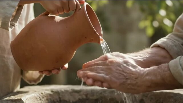 Authentic 4K Slow Motion of a Muslim Man Performing Wudu (Ablution) by Washing Hands with Water from a Traditional Clay Pitcher