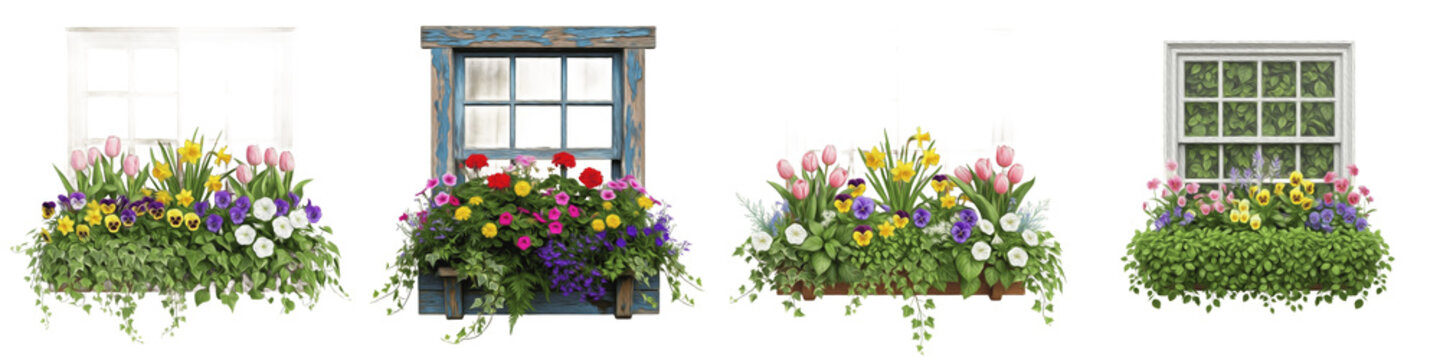 Beautiful Spring Window Flower Boxes with Colorful Tulips and Greenery