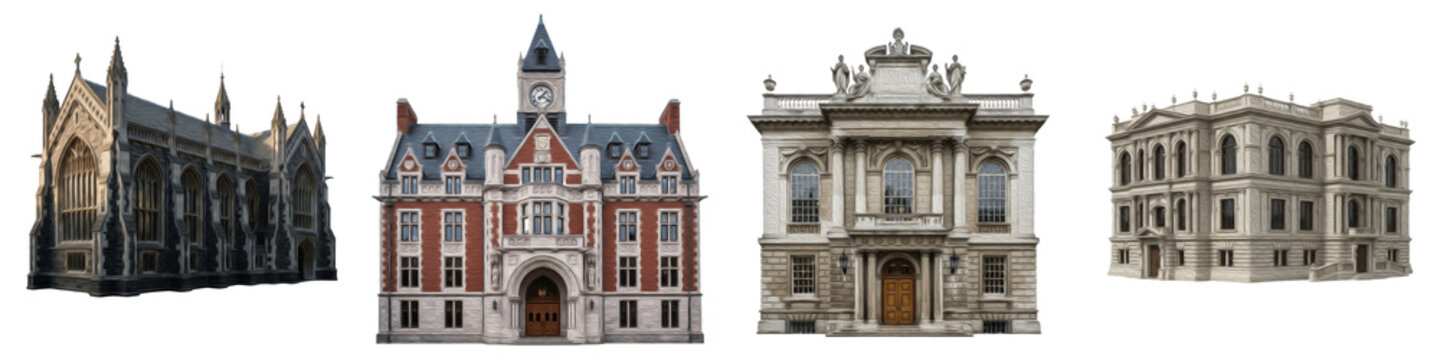 Set of Classical European Architecture Buildings Isolated on White Background