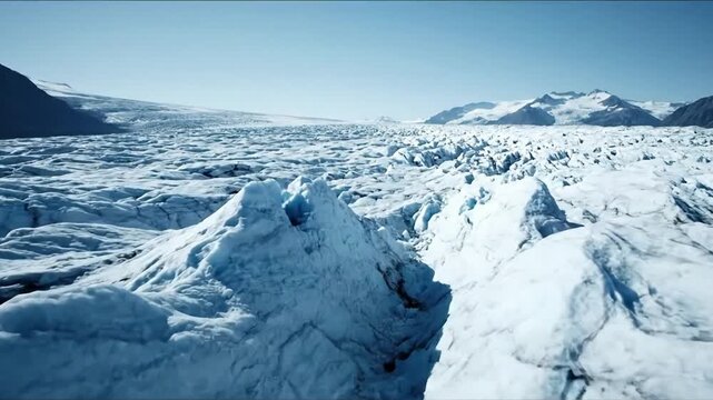 Glacial Meltwater Dynamics Slow-motion capture of crystal-clear meltwater flowing over or through monotone ice, with clean reflections and subtle movement.