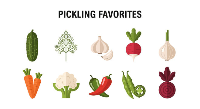 Flat graphic icons illustrating ten favorite pickling ingredients against a white background