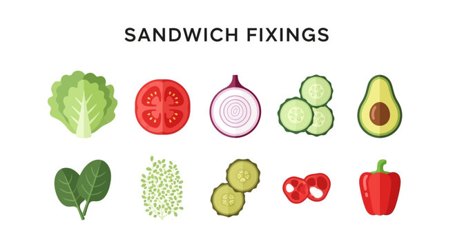 An array of illustrated sandwich fixings including vegetables arranged in two rows