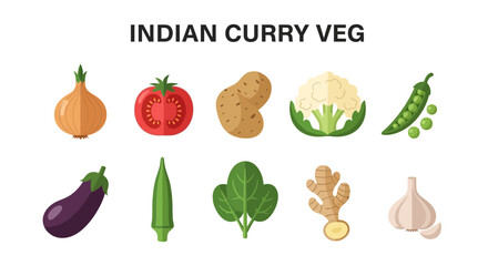 Illustration of ten common Indian curry vegetables and aromatics