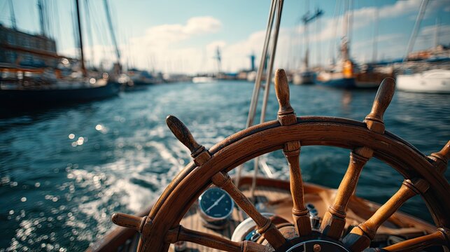 A wooden steering wheel on a boat, with a clock and compass on the side.
