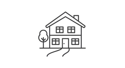 Fototapeta premium Minimalist Line Art Icon of a House with a Tree and Path