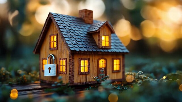 Cozy House Security: A charming miniature house is secured with a padlock, showcasing the concepts of homeownership, security, and the peace of mind.