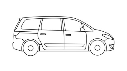 Fototapeta premium Simple black line drawing of a modern minivan shows its profile, emphasizing its use as a family vehicle for transportation.