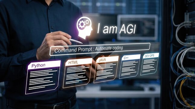 Concept of artificial general intelligence with coding automation and futuristic user interface,showcasing AGI capabilities across programming languages