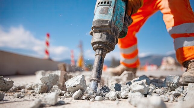 A construction worker using a jackhammer on a construction site.