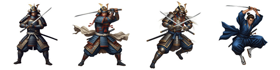 Set of Japanese samurai warriors in traditional armor and a ninja assassin with katana swords, action poses isolated on white background. © michael