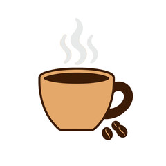 Hot Coffee Cup Vector Icon with Steam and Beans