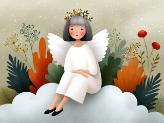 Fototapeta premium Angel girl with wings sitting on cloud in garden