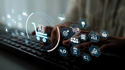 Fototapeta premium AI transforms ecommerce by enabling smart product recommendations, AI automated shopping decisions, and AI-powered ecommerce analytics to optimize customer experience and AI ecommerce success. Muxer
