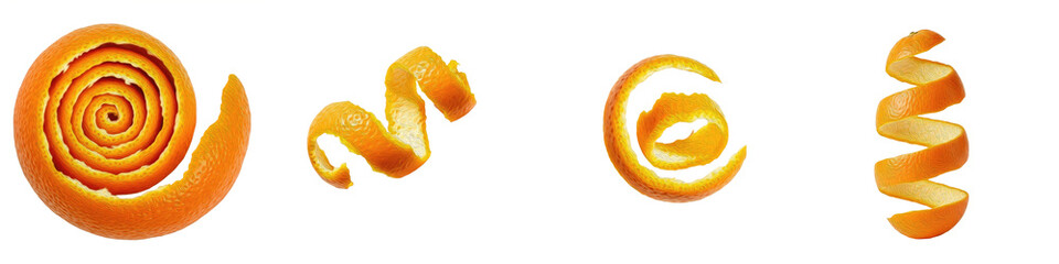 Collection of fresh orange fruit peels in artistic spiral shapes, citrus zest curls and twisted orange skin isolated on white background.