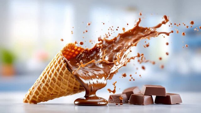 Chocolate Ice Cream Cone Splash: Capture a moment of deliciousness and playful joy with a chocolate ice cream cone, as it explodes into a captivating splash, accompanied by pieces of rich.