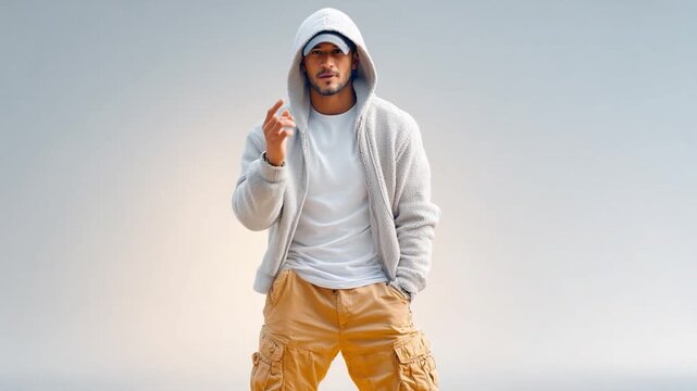Urban Confidence: A young individual in streetwear, exuding charisma as he confidently gestures. 