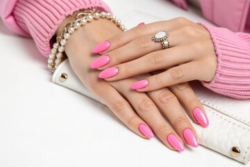 Fototapeta premium A woman's hands are painted with pink nail polish and decorated with glitter