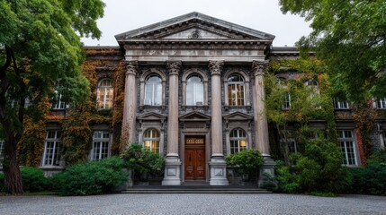 Obraz premium A grand, historic building with ornate columns and ivy growing on its walls.