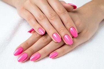 A woman's hands are painted with pink nail polish and decorated with glitter
