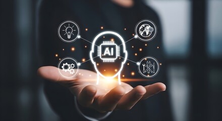 Fototapeta premium AI Artificial Intelligence: Businessman palm holding virtual head silhouette with chip and technology icons, machine learning, neural network, digital automation and future innovation concept