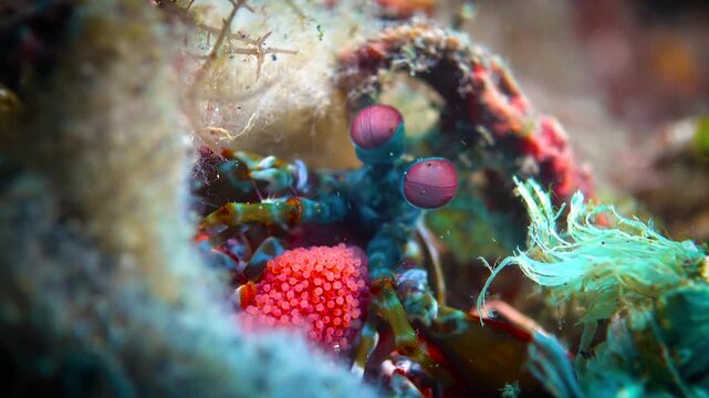 Mantis shrimp guarding pink eggs in reef burrow, macro shot of peacock mantis shrimp with vibrant eyes