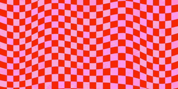 Wavy checkerboard pattern with alternating pink and red squares