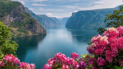 Obraz premium Scenic Fjord View Surrounded by Vibrant Pink Flowers and Majestic Mountains Under a Bright Sky in Norway's Breathtaking Nature Landscape