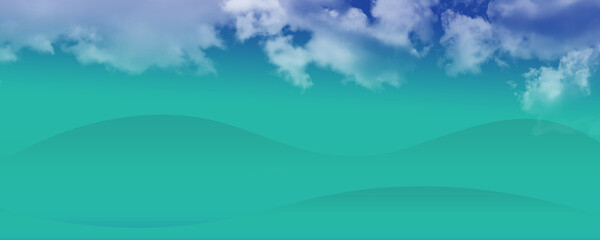Obraz premium Abstract turquoise landscape with soft clouds and flowing wave shapes, creating a calm modern background inspired by sky and sea horizons.