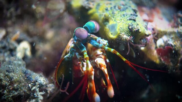 Mantis shrimp guarding pink eggs in reef burrow, macro shot of peacock mantis shrimp with vibrant eyes