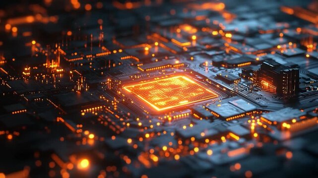 Circuit Board Dynamics: Close-up shot of a sophisticated circuit board, with intricate pathways and glowing components, illuminating the cutting edge of digital innovation.