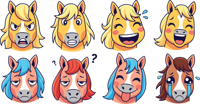 Cartoon horses with various emotions on their faces